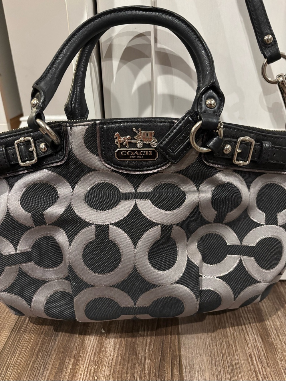 black and silver Coach Madison Op Art Lurex Satchel
